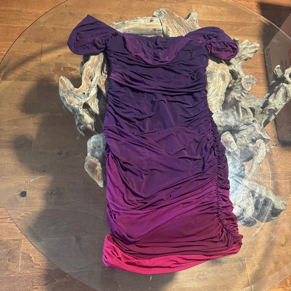 Purple Ombre Ruched Off the Shoulder Midi dress